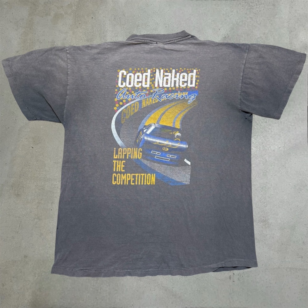 Vintage 90s Single Stitch Coed Naked Auto Racing T-Shirt Mens L Gray made in USA